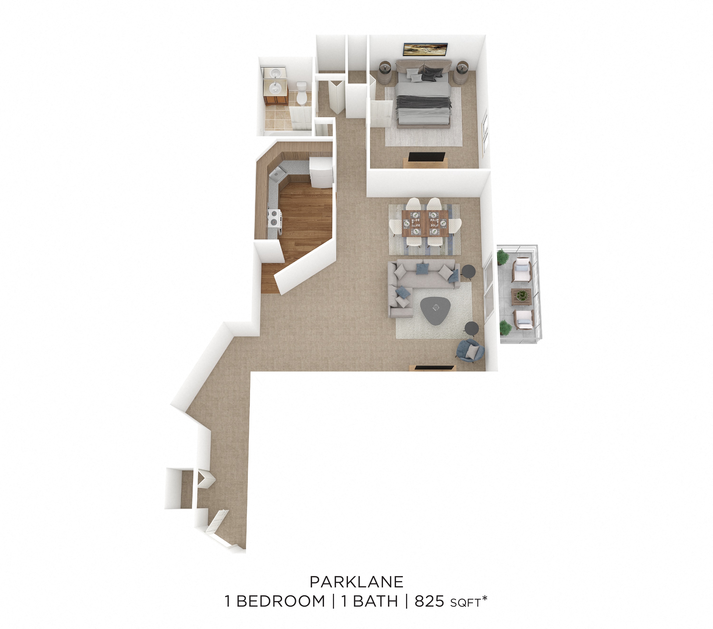 Floor plan for 1 bed, 1 bath, 825 sqft